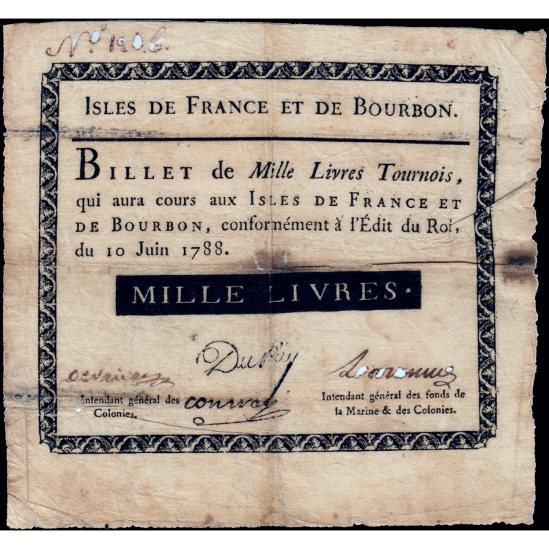 Isles de France et Bourbon - Kolsky 542 - 1'000 livres tournois - 10/06/1788 - Etat : TTB