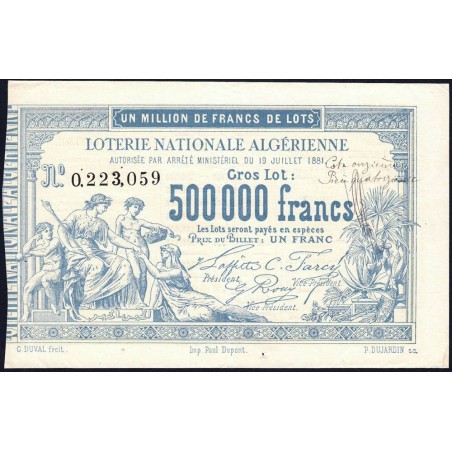 Algérie - Billet de loterie - 1 franc - 19/07/1881 - Etat : TTB+