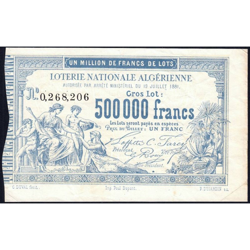 Algérie - Billet de loterie - 1 franc - 19/07/1881 - Etat : TB+