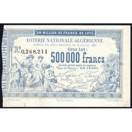 Algérie - Billet de loterie - 1 franc - 19/07/1881 - Etat : TTB