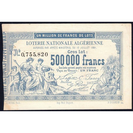 Algérie - Billet de loterie - 1 franc - 19/07/1881 - Etat : SUP