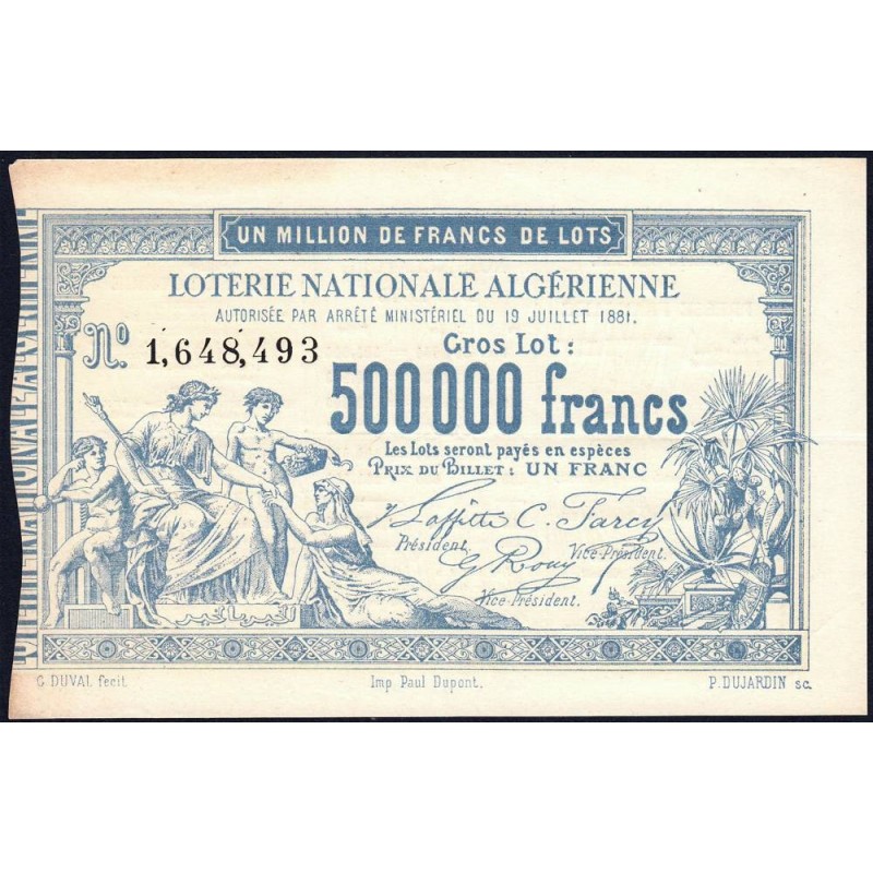 Algérie - Billet de loterie - 1 franc - 19/07/1881 - Etat : SUP