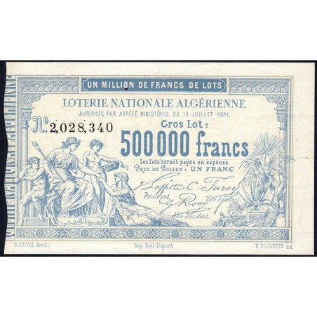 Algérie - Billet de loterie - 1 franc - 19/07/1881 - Etat : TTB+