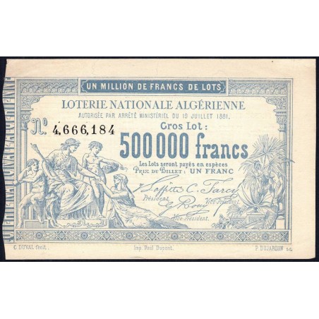 Algérie - Billet de loterie - 1 franc - 19/07/1881 - Etat : SUP