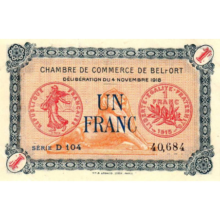 Belfort - Pirot 23-37 - 1 franc - Série D 104 - 04/11/1918 - Etat : TTB