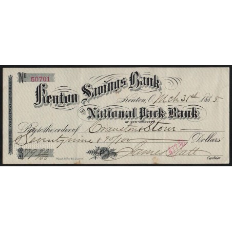 Etats Unis - Chèque - Kenton Savings Bank - 1885 - Etat : SUP