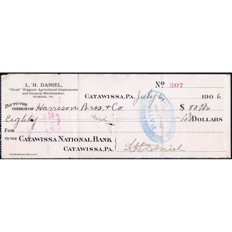 Etats Unis - Chèque - Catawissa National Bank - 1926 - Etat : TTB+