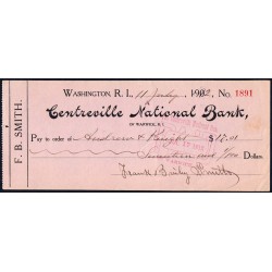 Etats Unis - Chèque - Centreville National Bank Warwick - 1912 - Etat : TTB+