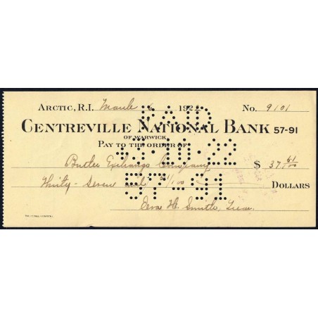 Etats Unis - Chèque - Centreville National Bank Warwick - 1922 - Etat : SUP