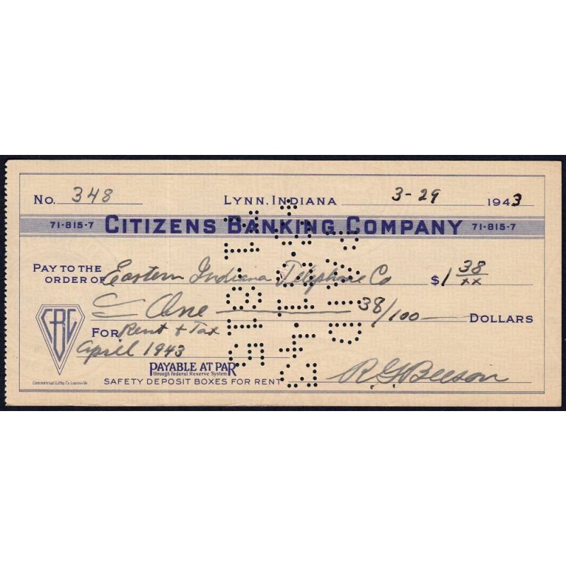 Etats Unis - Chèque - Citizens Banking Company - 1943 - Etat : SUP+