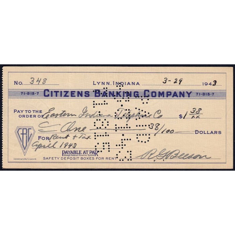 Etats Unis - Chèque - Citizens Banking Company - 1943 - Etat : SUP+