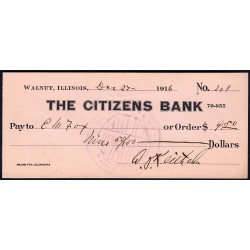 Etats Unis - Chèque - The Citizens Bank Walnut - 1916 - Etat : SUP