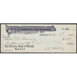 Etats Unis - Chèque - The Citizens Bank of Waverly - 1907 - Etat : TTB+