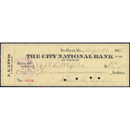 Etats Unis - Chèque - The City National Bank of Belfast - 1918 - Etat : SUP