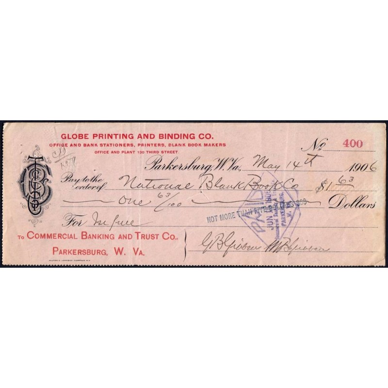 Etats Unis - Chèque - Commercial Bankung and Trust Co - 1906 - Etat : TTB+