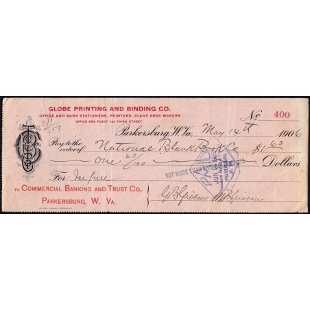 Etats Unis - Chèque - Commercial Bankung and Trust Co - 1906 - Etat : TTB+