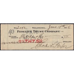 Etats Unis d'Amérique - Chèque - Fidelity Trust Company - 1926 - Etat : SUP