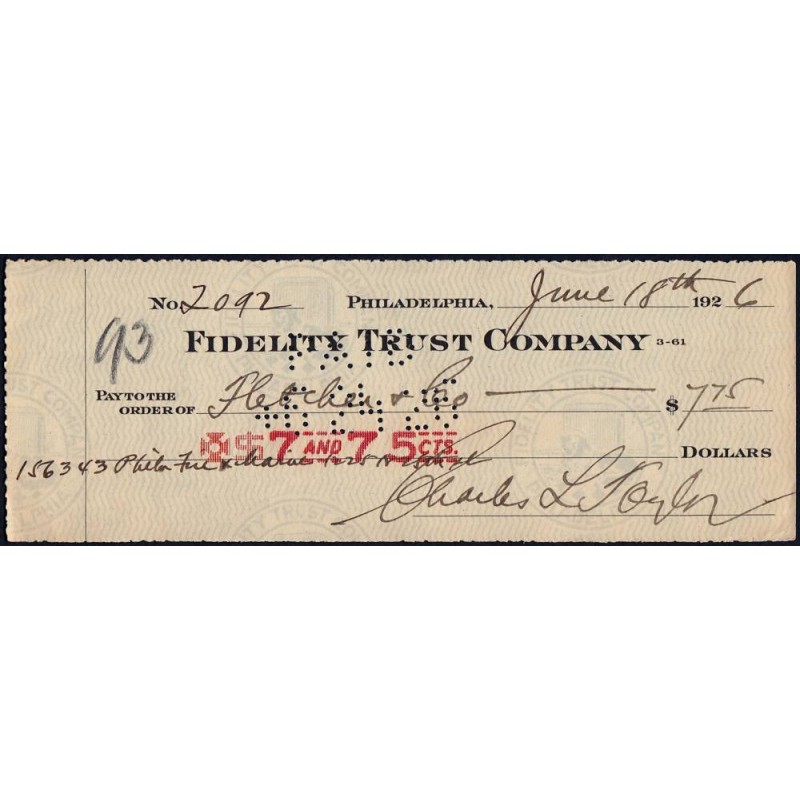 Etats Unis - Chèque - Fidelity Trust Company - 1926 - Etat : SUP