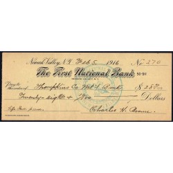 Etats Unis d'Amérique - Chèque - The First National Bank Newark Valley - 1916 - Etat : TTB+