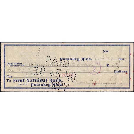 Etats Unis - Chèque - First National Bank Petoskey - 1940 - Etat : SUP