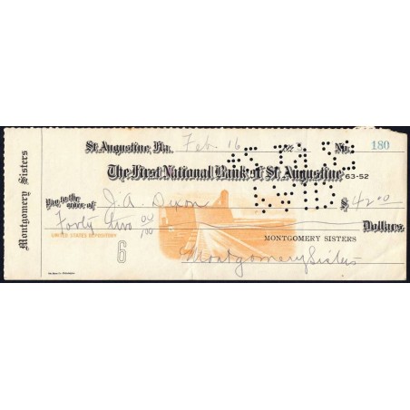 Etats Unis - Chèque - The First National Bank of St Augustine - 1923 - Etat : TTB