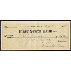 Etats Unis d'Amérique - Chèque - First State Bank Milford - 1918 - Etat : TTB
