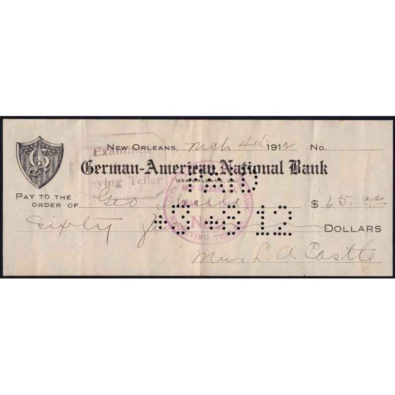 Etats Unis - Chèque - German-American National Bank - 1912 - Etat : TTB