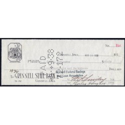 Etats Unis d'Amérique - Chèque - Grinnell State Bank - 1938 - Etat : SUP
