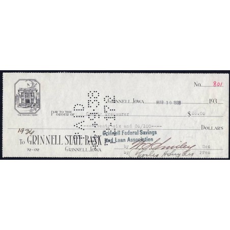 Etats Unis - Chèque - Grinnell State Bank - 1938 - Etat : SUP