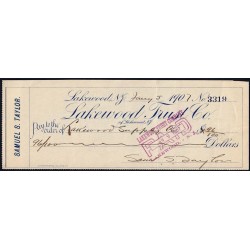 Etats Unis - Chèque - Lakewood Trust Co - 1907 - Etat : SUP