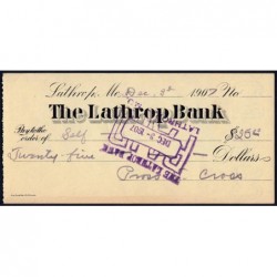 Etats Unis - Chèque - The Lathrop Bank - 1907 - Etat : TTB+