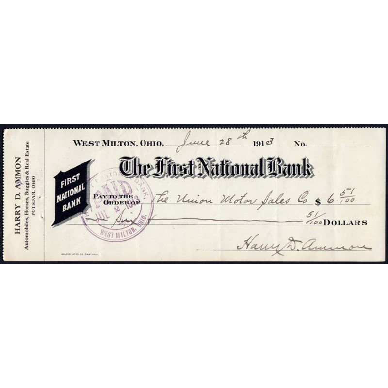 Etats Unis - Chèque - The First National Bank West Milton - 1913 - Etat : TTB+