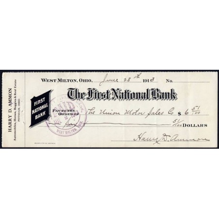 Etats Unis - Chèque - The First National Bank West Milton - 1913 - Etat : TTB+