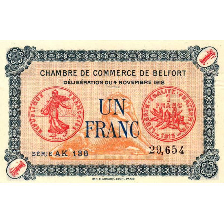 Belfort - Pirot 23-40 - 1 franc - Série AK 136 - 04/11/1918 - Etat : SPL+