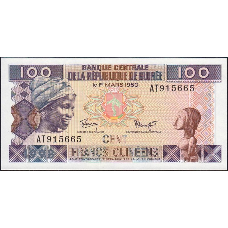 Guinée - Pick 35a_1 - 100 francs guinéens - Série AT - 1998 - Etat : NEUF
