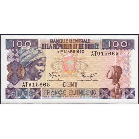 Guinée - Pick 35a_1 - 100 francs guinéens - Série AT - 1998 - Etat : NEUF