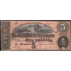 Etats Conf. d'Amérique - Pick 67 - 5 dollars - Lettre B - Série 5 - 17/02/1864 - Etat : TB+
