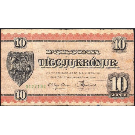 Féroé (îles) - Pick 15a - 10 krónur - Sans série - 1954 - Etat : TB