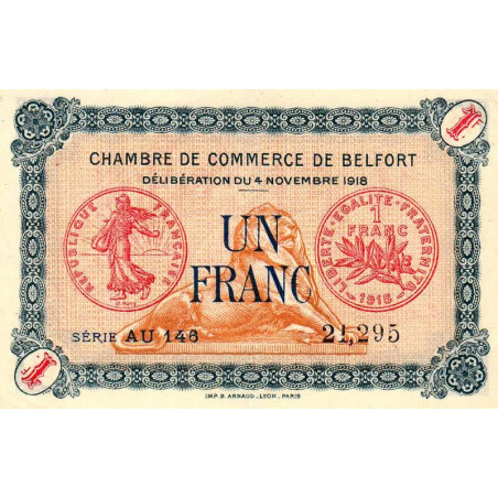 Belfort - Pirot 23-45 - 1 franc - Série AU 146 - 04/11/1918 - Etat : SUP