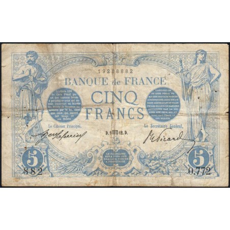F 02-08 - 09/08/1912 - 5 francs - Bleu - Série O.772 - Etat : TB-