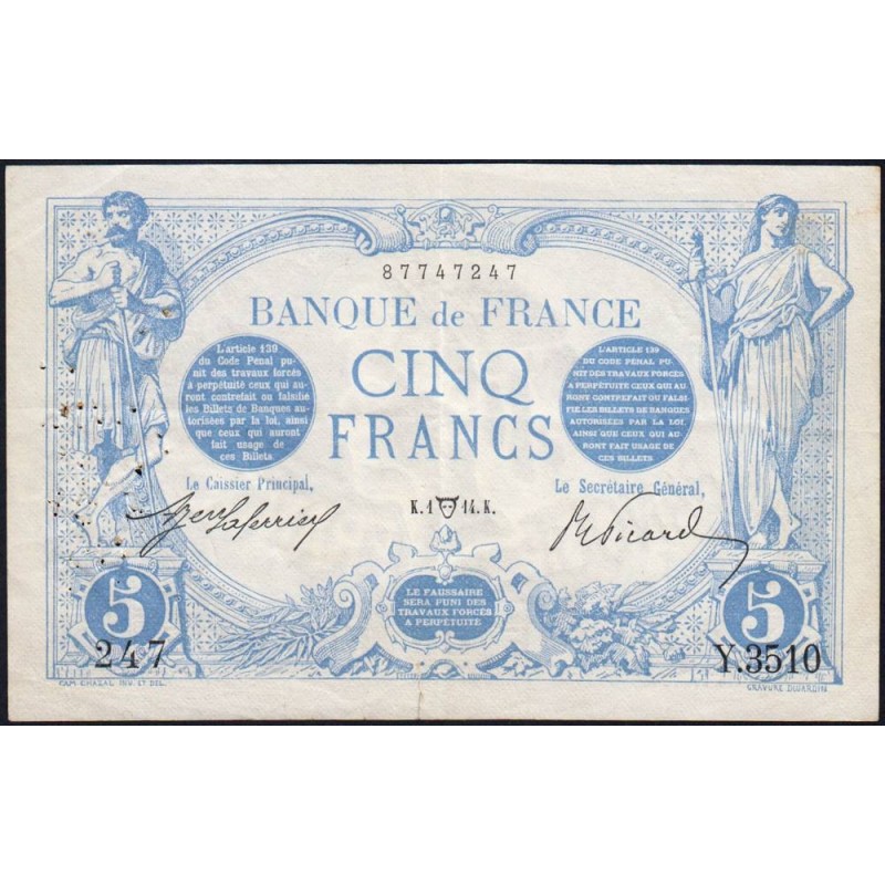 F 02-22 - 01/04/1914 - 5 francs - Bleu - Série Y.3510 - Etat : TTB+