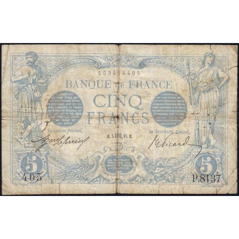 F 02-32 - 05/10/1915 - 5 francs - Bleu - Série P.8137 - Etat : TB-