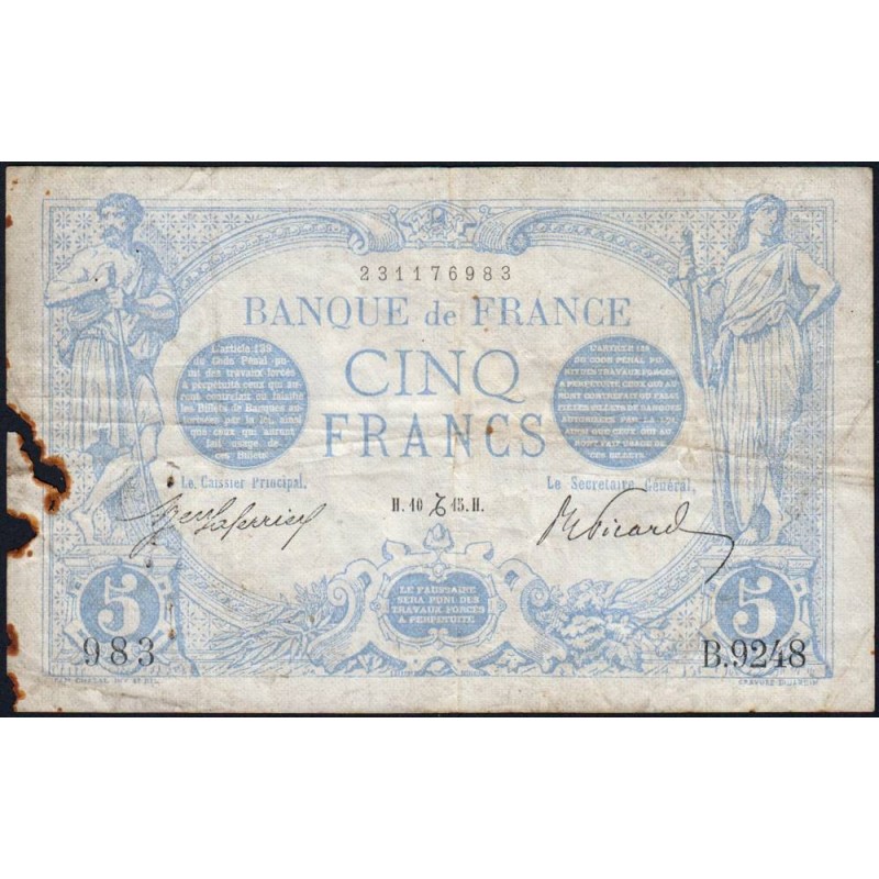 F 02-34 - 10/12/1915 - 5 francs - Bleu - Série B.9248 - Etat : B-