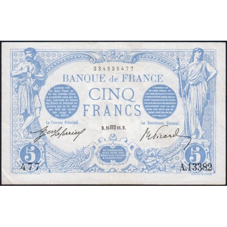 F 02-42 - 16/08/1916 - 5 francs - Bleu - Série A.13382 - Etat : TTB+ à SUP