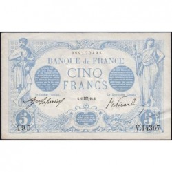 F 02-44 - 12/10/1916 - 5 francs - Bleu - Série V.14367 - Etat : TTB+ à SUP