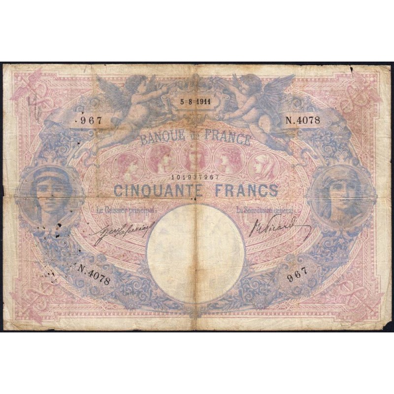 F 14-24a - 05/08/1911 - 50 francs - Bleu et rose - Série N.4048 - Etat : B