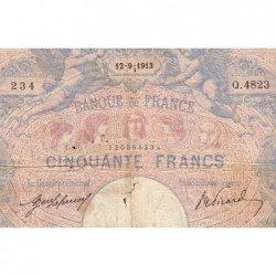 F 14-26 - 12/09/1913 - 50 francs - Bleu et rose - Série Q.4823 - Etat : TB-