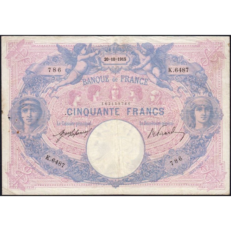 F 14-28 - 20/10/1915 - 50 francs - Bleu et rose - Série K.6487 - Etat : TTB-