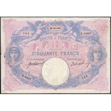 F 14-28 - 20/10/1915 - 50 francs - Bleu et rose - Série K.6487 - Etat : TTB-