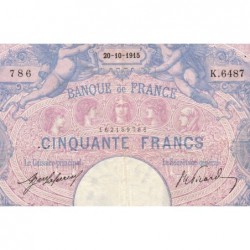 F 14-28 - 20/10/1915 - 50 francs - Bleu et rose - Série K.6487 - Etat : TTB-